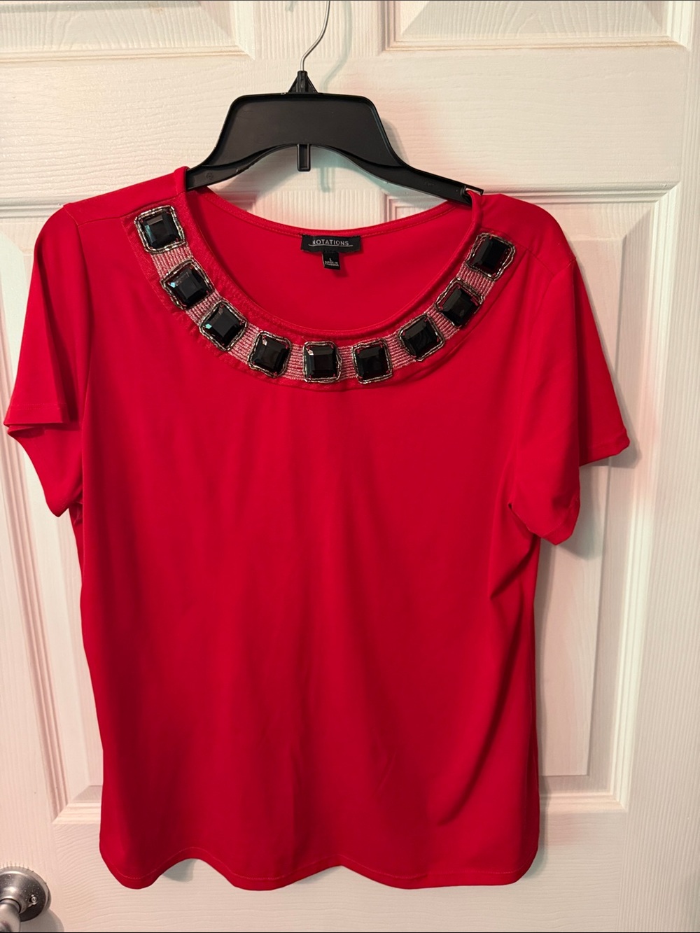 Notations Red Short Sleeve Top with Black Gem Trim